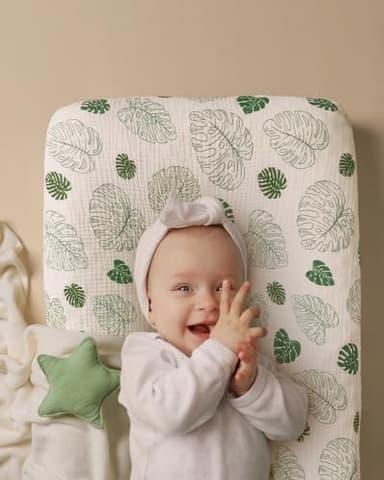 Blissful Diary Muslin Changing Pad Cover for Girls Boys, Ultra Soft Breathable Cotton, Baby Diaper Change Table Pad Covers, 2Pack (Monstera Leaves&Dark Green) - Image 3