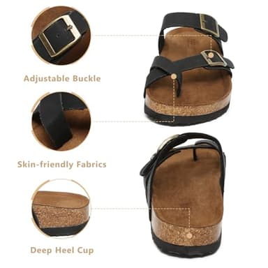 Yozuru Womens Cork Footbed Sandals Comfort Open Toe Slides Adjustable Buckle Beach Summer Flat Sandals with Arch Support - Image 4