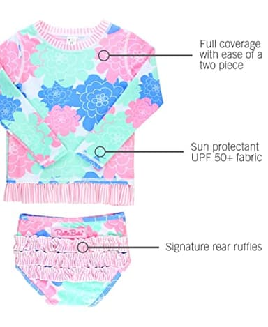 RuffleButts Baby/Toddler Girls Long Sleeve Rash Guard UPF50+ Sun Protected Bikini Swimsuit - Pastel Petals X, 3-6m - Image 3