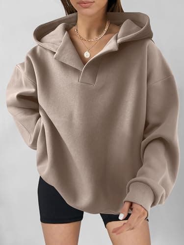 ANRABESS Womens Oversized Hoodies V Neck Sweatshirts Fleece Long Sleeve Pullover Y2K Clothes 2025 Fall Trendy Outfits Coffee Grey XXL - Image 2