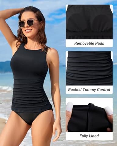 Daci Black Tankini Tops for Women High Neck Swim Top Tummy Control Bathing Suit Top Modest Swim Tank Top No Bottom L - Image 3