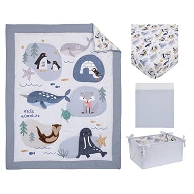 NoJo Arctic Adventure Light Blue, White, Taupe and Navy Whales, Walrus, and Otter 4 Piece Nursery Crib Bedding Set - Comforter, 100% Cotton Fitted Crib Sheet, Crib Skirt, and Storage Caddy - Image 7