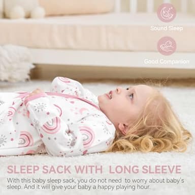 FIEMOL Baby Sleep Sack 6-12 Months, Long Sleeve Baby Wearable Blanket 0.5 Tog with Mittens, 2-Way Zipper Infant Cotton Sleeping Sack for Boy and Girl Pink Rainbow 2 Pack (Medium - Image 7
