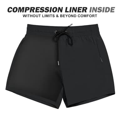 BRISIRA Mens Swim Trunks Swim Shorts Quick Dry 5 inch Inseam Beach Shorts with Compression Liner and Zipper Pocket Black - Image 2