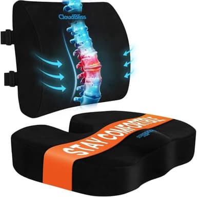CloudBliss Seat Cushion,Office Chair Cushion,Car Seat Cushions,Lumbar Support Pillow for Office Chair,Back Support Memory Foam Pillow Coccyx Cushions for Tailbone Pain,Sciatica Back Pain Relief Black - Image 1