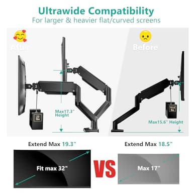 WALI Dual Monitor Stand for 17-32 inch Computer Screens, Dual Monitor Arms for 2 Monitors Holds up to 22 lbs, Height Adjustable Gas Spring Dual Monitors Mount, VESA 75x75/100x100mm (GSMP002N), Black - Image 6