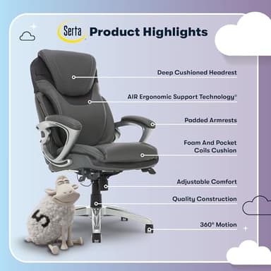 Serta Bryce Executive Office Chair, Ergonomic Computer DeskChairs with Patented AIR Lumbar Support, Comfy Body Pillows, Height Adjustable, Swivel Base with Wheels, Bonded Leather, Gray - Image 4
