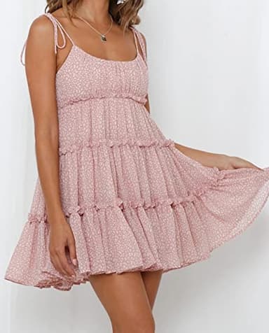 Mansy Womens 2025 Summer Floral Mini Dress Boho Flowy Skater Dresses Short Sleeveless Ruffle Spaghetti Strap Dress Pink - Image 3