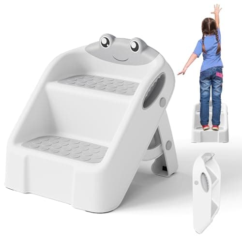 iBabyMax Toddler Step Stool, Easy to Fold Step Stools for Toddlers with Non-Slip Surface & Alphabet Patterns, Lightweight & Cute Kids Step Stool for Potty Training, Bathroom Sink, and Bedroom, Gray - Image 1