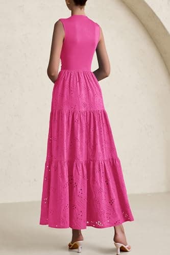 PRETTYGARDEN Summer Dresses for Women 2025 Casual Eyelet Sleeveless Wedding Guest Maxi Dress Tank Top Sundress with Pockets (Rose Red,Small) - Image 2