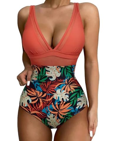 SUUKSESS Women Slimming Tummy Control One Piece Swimsuits Sexy Mesh High Waisted Monokini Bathing Suits (Coral Pink Leaf, L) - Image 1