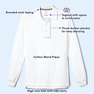 French Toast Boys Pique School Uniform With Long Sleeves For And Girls Polo Shirt, Navy, 14-16 US - Image 3