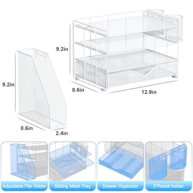 gianotter Desk Organizers and Accessories with File Holder, 4-Tier Desk Accessories & Workspace Organizers with Drawer and 2 Pen Holder, Paper Organizer for Office Supplies (White) - Image 5