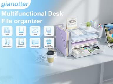 gianotter Desk Organizers and Accessories with File Holder, 4-Tier Desk Accessories & Workspace Organizers with Drawer and 2 Pen Holder, Paper Organizer for Office Supplies (White) - Image 4