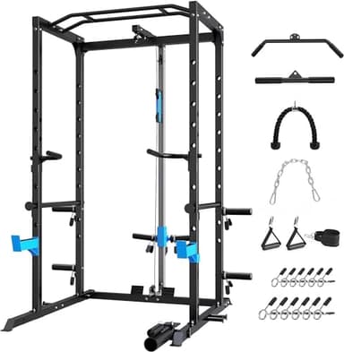 ULTRA FUEGO Power Cage, Multi-Functional Power Rack with J-Hooks, Dip Handles, Landmine Attachment and Optional Cable Pulley System for Home Gym (Power Cage with Pulley System) - Image 1