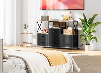 Decofy Black Dresser for Bedroom, 55 inch TV Stand with Charging Station & LED Lights, 8 Fabric Drawers with Solid Wood Top for Living Room, Closet - Image 6