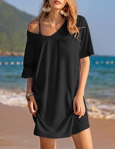 Ekouaer Womens Tshirt Nightgown Cotton V Neck Sleepshirts Comfy Casual Nightshirt for Women, Black, Medium - Image 4