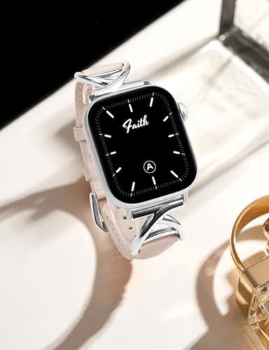 Minyee Leather Band Compatible with Apple Watch 42/44/45/46/49mm Women, Slim Dressy Premium Leather Strap with A-Shape Metal Buckle for iWatch Series 11 10 9 8 7 6 5 4 SE/Ultra 3 2 1,Starlight/Silver - Image 3