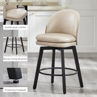 Counter Height Barstools 26 inch Upholstered Swivel Bar Stools with Back and Wood Legs for Kitchen Island,Set of 4,Beige PU Leather-Armless - Image 4
