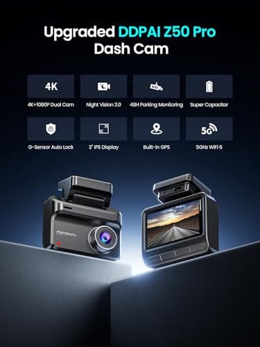 DDPAI Dash Cam Front and Rear, 4K+1080P Car On-Dash Mounted Cameras, Dashcam Included 64GB Card, Built-in 5G WiFi 6, GPS, 3'' IPS, AI ISP Night Vision, 48H Parking Mode, Loop Recording, ADAS, Z50 Pro - Image 2