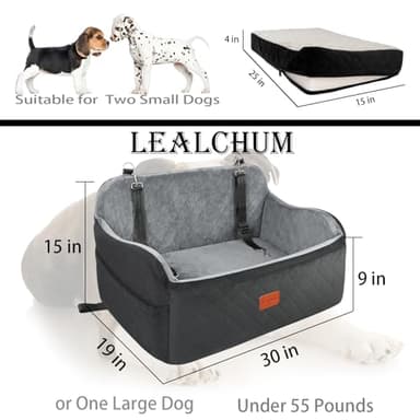 Lealchum Dog Car Seat Up to 55lb,2 Clip-On Safety Adjustable Leashs Car Dog Bed for 2 Small Dogs,Fully Detachable and Washable Pet Car Seat with 2 Storage Pockets,Easy to Install(Black/Grey, Large) - Image 2