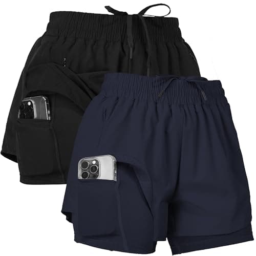 Ultra Performance Gym Shorts Women Pack of 2, Nylon Compression Workout Shorts Women with Liner, Medium Black, Navy - Image 1