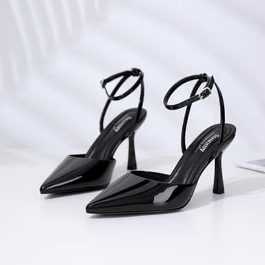 Susanny Black Heels for Women Stiletto Closed Pointed Toe Dress Shoes High Heels Sexy Patent Leather Pumps Wedding Guest Party Evening Prom Dance Ankle Strappy Dressy Shoes 9.5 - Image 7