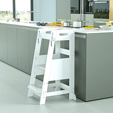 TOETOL Bamboo Toddler Kitchen Step Stool White Helper Standing Tower Height Adjustable with Anti-Slip Protection for Kids Kitchen Counter Learning - Image 7