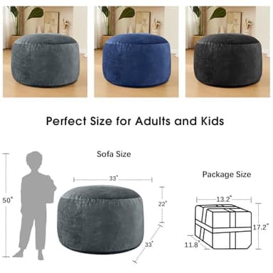 ILPEOD 3 Feet Bean Bag Chair - BeanBag Chairs for Adults, Living Room Furniture Sofa with Soft Micro Fiber Cover, Round Fluffy Couch for Bedroom College Dorm - Grey - Image 3