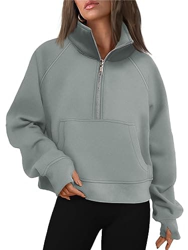AUTOMET Womens Sweatshirts Half Zip Cropped Pullover Fleece Quarter Zipper Sweater Hoodies 2025 Fall Fashion Outfits Clothes Greygreen XX-Large - Image 1