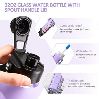 MUKOKO 32oz Glass Water Bottles with 2 Lids-Handle Spout Lid&Bamboo Straw Lid, Motivational Water Tumbler with Time Marker Reminder and Silicone Sleeve, Leakproof-Purple-1 Pack - Image 6