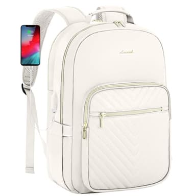LOVEVOOK Leather Backpacks for Women,17.3 inch Leather Laptop Backpack Women Computer Backpack Laptop Bag,Stylish Quilted Travel Backpack Purse Work College Teacher Backpacks with USB Port,Off-white - Image 1