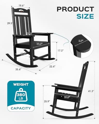 Oversized Rocking Chair Outdoor, HDPE Poly Rocking Chair, All Weather Porch Rocker for Deck Patio Balcony, 380lbs, Black - Image 3