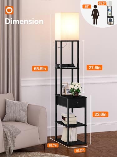 addlon Floor lamp with 2 USB, 1 Outlet and Drawer, 3 Color Temperatures LED Bulb (9W), Sofa lamp with White lampshade, Display Floor lamp with Shelves for Living Room, Bedroom and Office - Black - Image 4