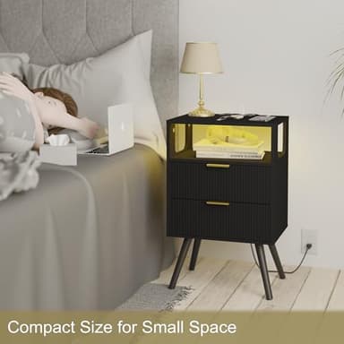 JOONEE Black Nightstand with Charging Station and LED Lights,Modern Bedside Table with 2 Storage Drawer and Open Wood Shelf, for Bedroom and Small Spaces,Night Stand with Solid Wood Legs,Black - Image 4