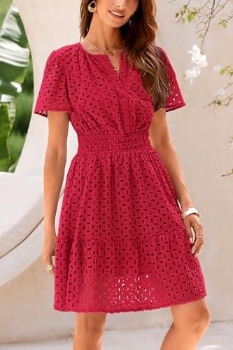 PRETTYGARDEN Womens 2025 Summer Short Dress V Neck Short Sleeve A Line Hollow Out Lace Ruffle Cute Casual Beach Party Dresses (Red,Large) - Image 6