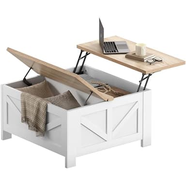 Yaheetech Farmhouse Lift Top Coffee Table with Storage, Square Coffee Table for Living Room, 31.5 Inches Center Tables with Large Hidden Storage Compartment for Home Office, White & Light Oak - Image 1