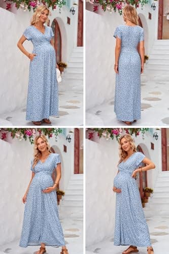 OUGES Summer Maternity Maxi Dress Baby Shower Nursing Dresses Breastfeeding Maternity Photoshoot Outfits(Floral-3,XL) - Image 4