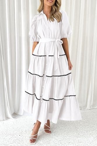 PRETTYGARDEN Women's Summer Button Down Shirt Dress Short Puffy Sleeve Tiered Ruffle Flowy Long Maxi Dresses (White,Medium) - Image 4
