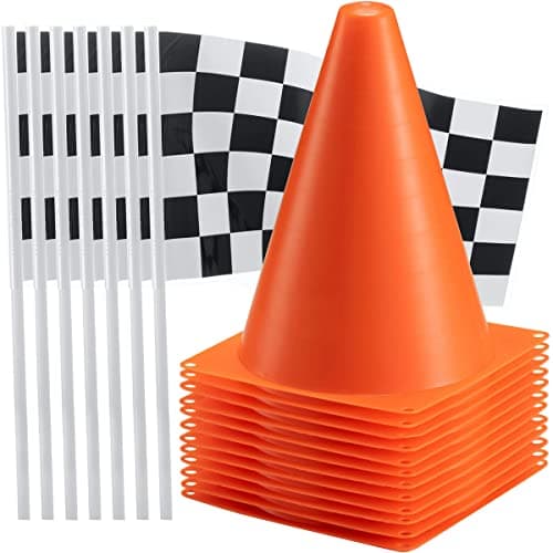 Bedwina Race Car Birthday Party Decorations - (36 Pcs) 12 - 8-Inch Orange Mini Cones for Kids & 24 Black & White Checkered Flags on Sticks - Race Car Themed Birthday Party Decor & Centerpiece Supplies - Image 1