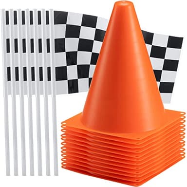 Bedwina Race Car Birthday Party Decorations - (36 Pcs) 12 - 8-Inch Orange Mini Cones for Kids & 24 Black & White Checkered Flags on Sticks - Race Car Themed Birthday Party Decor & Centerpiece Supplies - Image 1