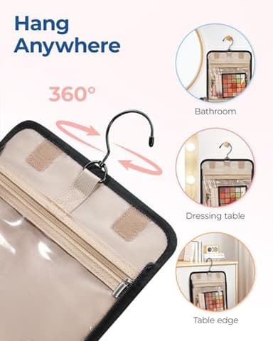 BAGSMART Hanging Travel Toiletry Bag, Large Capacity Water-resistant Cosmetic Organizer with Handle for Brushes Accessories, Black - Image 7