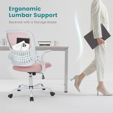 SMUG Computer Desk Chair - Ergonomic Mid-Back Mesh Rolling Swivel Task Chair with Wheels, Comfy Lumbar Support with Flip-up Arms, for Home, Gaming, Study, Student, Pink - Image 7
