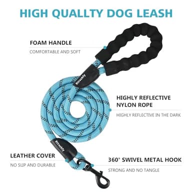 Rttochfy Rope Dog Leash 2/4/5/6/8/10 FT with Comfortable Padded Handle and Highly Reflective Threads for Small Medium and Large Dogs Heavy Duty (1/2"-5 FT, Blue) - Image 2