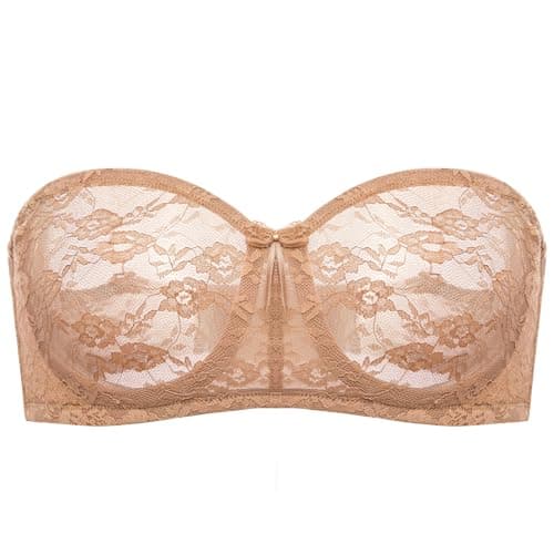 DOBREVA Women's No Padding Strapless Lace Bra Underwire Multiway See-Through Gravel Beige 34E - Image 1