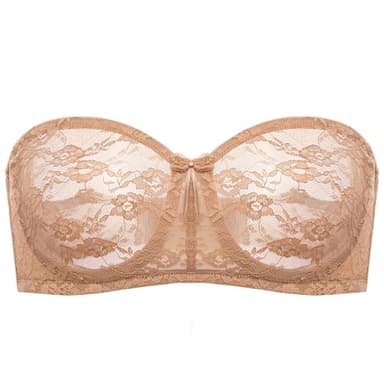 DOBREVA Women's No Padding Strapless Lace Bra Underwire Multiway See-Through Gravel Beige 34E - Image 1