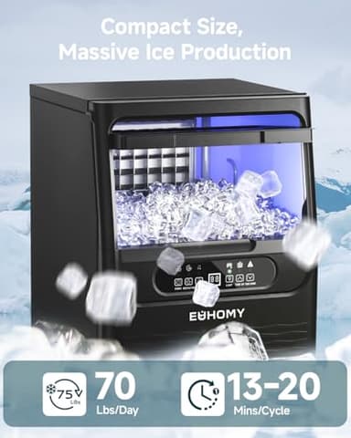 EUHOMY Commercial Ice Maker Machine,70lbs/24H,36 Ice Cubes in 8-12 Mins,Under Counter Ice Maker with Water Filter,12lbs Storage Capacity,Freestanding Ice Machine for Home/Bar/Cafe/Restaurant - Image 2
