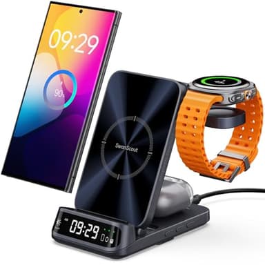 Wireless Charging Station for Samsung, 3 in 1 Wireless Charger for Samsung S25/S24/S23/Z Flip/Z Fold, for Galaxy Watch 8 Classic/8/Ultra/7/FE/6/5, SwanScout 708S (NO Adapter) - Image 1