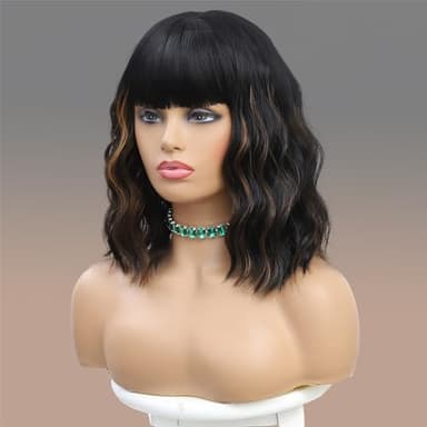 Black Mixed Brown Highlights Wigs for Black Women Short Wavy Curly Wig With Bangs Natural Looking Synthetic Hair Wigs Heat Resistant Fiber Wig for Daily Party - Image 5