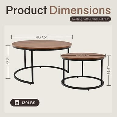 Otterease Nesting Tables Set of 2, 31.5" Round Coffee Table, Small Nesting Coffee Table with Adjustable Non-Slip Fee, Wood Grain Top Nesting Tables for Living Room, Bedroom (Wood Grain Brown) - Image 2